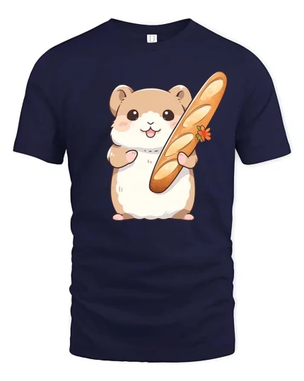 Cute Hamster Holding Baguette Bread Cartoon Graphic Tshirt - navy t-shirt on white background
