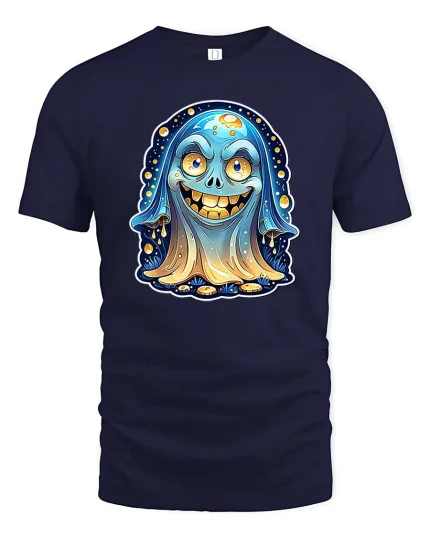 Funny Cute Ghost Smiling Cartoon Halloween Graphic Tshirt - navy t-shirt on white background
