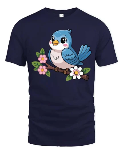 Cute Blue Bird On Flower Branch Cartoon Graphic Tshirt - navy t-shirt on white background