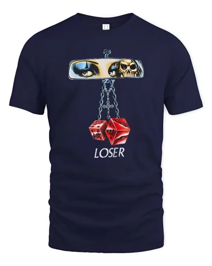 Vintage Rearview Mirror Dice Skull Graphic Tshirt Retro - navy t-shirt on white background