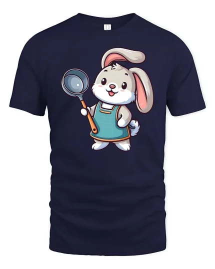 Cute Bunny Chef Holding Pan Cartoon Graphic Tshirt Fun - navy t-shirt on white background