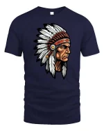 Vintage Tribal Chief T Shirt Native Feather Headdress Tee - navy t-shirt on white background