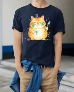 Funny Artist Cat Tshirt Cute Painter Kitty Graphic Tee - model wearing navy tee with hands in pockets