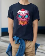 Crazy Melting Cupcake Monster Eyes Graphic Tshirt Fun - model wearing navy tee with hands in pockets