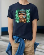 Cute Frog Detective Magnifying Glass Cartoon Graphic Tshirt - model wearing navy tee with hands in pockets