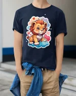 Cute Baby Lion Cartoon Clouds Hearts Graphic Tshirt Fun - model wearing navy tee with hands in pockets