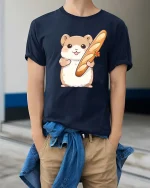 Cute Hamster Holding Baguette Bread Cartoon Graphic Tshirt - model wearing navy tee with hands in pockets