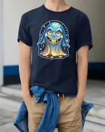 Funny Cute Ghost Smiling Cartoon Halloween Graphic Tshirt - model wearing navy tee with hands in pockets