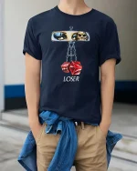 Vintage Rearview Mirror Dice Skull Graphic Tshirt Retro - model wearing navy tee with hands in pockets