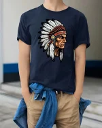 Vintage Tribal Chief T Shirt Native Feather Headdress Tee - model wearing navy tee with hands in pockets