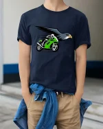 Flying Eagle Sport Bike Speed Racing Graphic Tshirt Cool - model wearing navy tee with hands in pockets