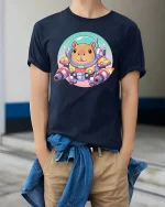 Cute Space Hamster Tshirt Funny Sci Fi Animal Graphic Tee - model wearing navy tee with hands in pockets