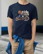 Funny Skeleton Rider Tshirt Vintage Biker Ride Chill Tee - model wearing navy tee with hands in pockets