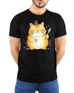 Funny Artist Cat Tshirt Cute Painter Kitty Graphic Tee - model wearing black tee with hands behind back