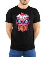Crazy Melting Cupcake Monster Eyes Graphic Tshirt Fun - model wearing black tee with hands behind back