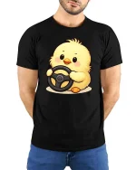 Cute Baby Chick Driving Wheel Cartoon Graphic Tshirt Fun - model wearing black tee with hands behind back