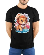 Cute Baby Lion Cartoon Clouds Hearts Graphic Tshirt Fun - model wearing black tee with hands behind back