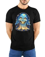 Funny Cute Ghost Smiling Cartoon Halloween Graphic Tshirt - model wearing black tee with hands behind back