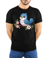Cute Blue Bird On Flower Branch Cartoon Graphic Tshirt - model wearing black tee with hands behind back