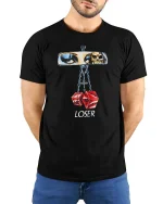 Vintage Rearview Mirror Dice Skull Graphic Tshirt Retro - model wearing black tee with hands behind back