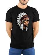 Vintage Tribal Chief T Shirt Native Feather Headdress Tee - model wearing black tee with hands behind back