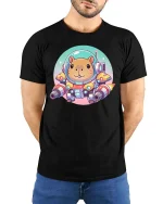 Cute Space Hamster Tshirt Funny Sci Fi Animal Graphic Tee - model wearing black tee with hands behind back