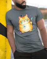 Funny Artist Cat Tshirt Cute Painter Kitty Graphic Tee - model wearing grey tee, leaning on column