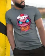 Crazy Melting Cupcake Monster Eyes Graphic Tshirt Fun - model wearing grey tee, leaning on column