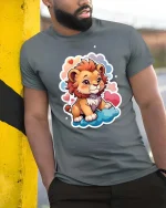 Cute Baby Lion Cartoon Clouds Hearts Graphic Tshirt Fun - model wearing grey tee, leaning on column