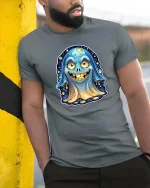 Funny Cute Ghost Smiling Cartoon Halloween Graphic Tshirt - model wearing grey tee, leaning on column