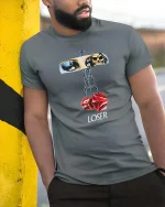 Vintage Rearview Mirror Dice Skull Graphic Tshirt Retro - model wearing grey tee, leaning on column