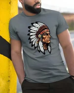 Vintage Tribal Chief T Shirt Native Feather Headdress Tee - model wearing grey tee, leaning on column