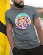 Cute Space Hamster Tshirt Funny Sci Fi Animal Graphic Tee - model wearing grey tee, leaning on column