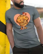 Cute Loving Muffin Tshirt Funny Sweet Dessert Graphic Tee - model wearing grey tee, leaning on column
