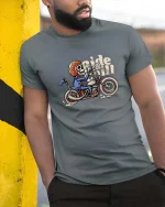 Funny Skeleton Rider Tshirt Vintage Biker Ride Chill Tee - model wearing grey tee, leaning on column