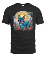 Colorful Psychedelic French Bulldog Art Nature Scene Tshirt - black t-shirt on white background