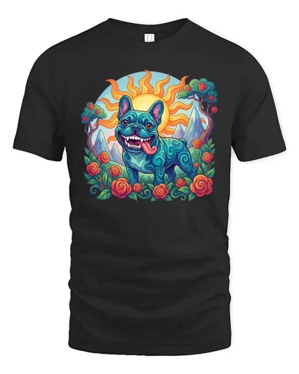 Colorful Psychedelic French Bulldog Art Nature Scene Tshirt - black t-shirt on white background