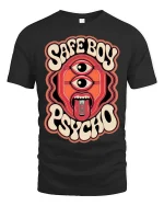 Safe Boy Psycho Retro Trippy Graphic Statement Tshirt - black t-shirt on white background