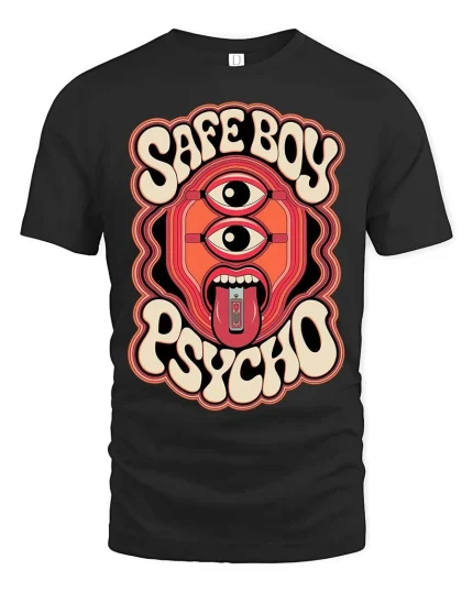 Safe Boy Psycho Retro Trippy Graphic Statement Tshirt - black t-shirt on white background