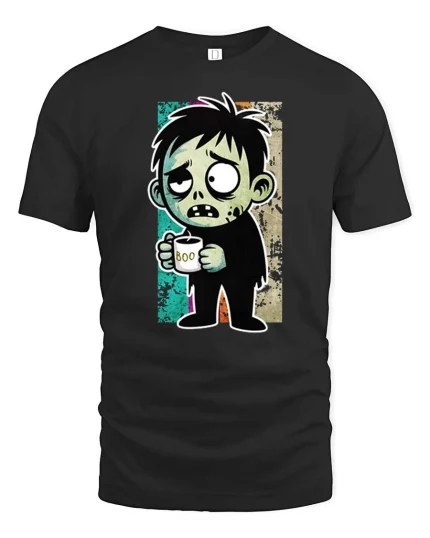 Funny Zombie Boy Coffee Lover Cartoon Graphic Tshirt - black t-shirt on white background