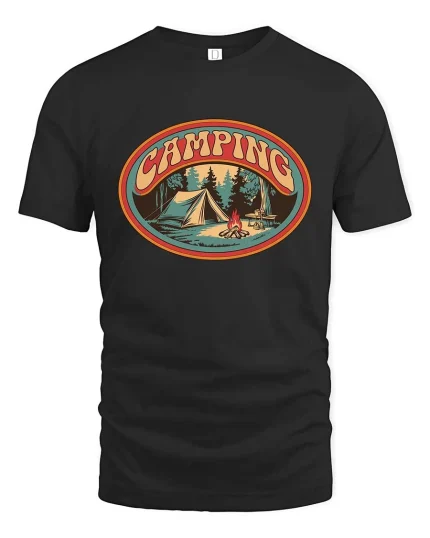 Camping Vintage Outdoor Adventure Nature Graphic Tshirt - black t-shirt on white background