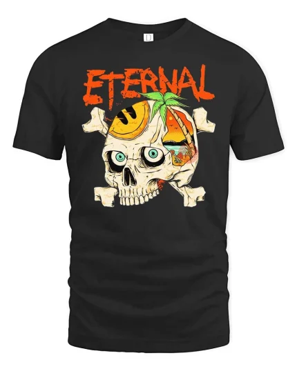 Eternal Skull Summer Beach Paradise Graphic Style Tshirt - black t-shirt on white background