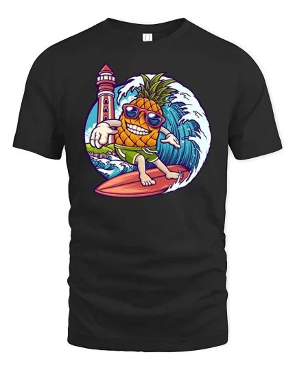 Funny Surfing Pineapple Beach Vibes Summer Graphic Tshirt - black t-shirt on white background