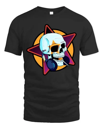 Cool Skull Headphones Music Star Graphic Street Style Tshirt - black t-shirt on white background
