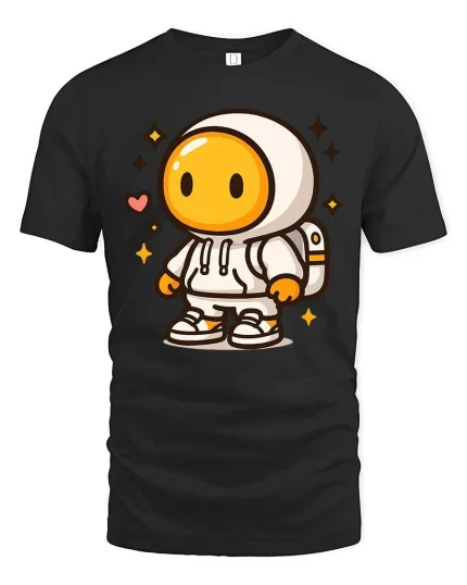 Cute Space Astronaut Cartoon Graphic Casual Style Tshirt - black t-shirt on white background