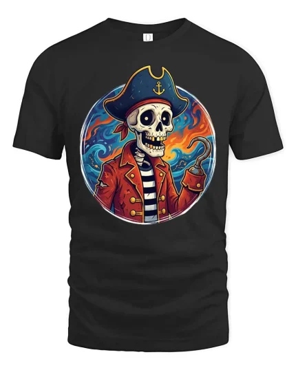Skeleton Pirate Captain Graphic Ocean Adventure Style Tshirt - black t-shirt on white background