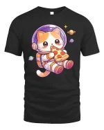 Cute Space Cat Eating Pizza Cartoon Kawaii Style Tshirt - black t-shirt on white background