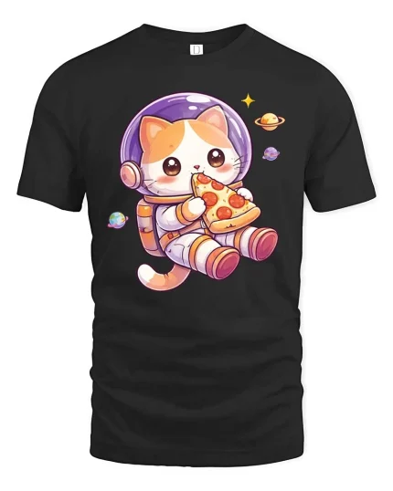Cute Space Cat Eating Pizza Cartoon Kawaii Style Tshirt - black t-shirt on white background