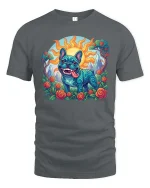 Colorful Psychedelic French Bulldog Art Nature Scene Tshirt - gray t-shirt on white background