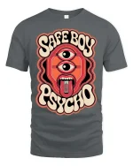 Safe Boy Psycho Retro Trippy Graphic Statement Tshirt - gray t-shirt on white background